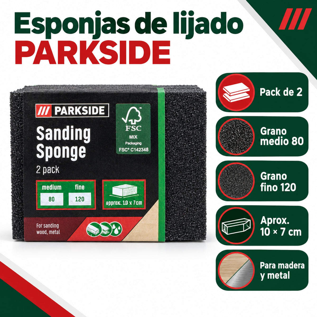 Características del pack PARKSIDE: grano 80 y 120, aproximadamente 10 × 7 cm