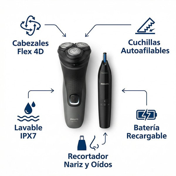 Set Afeitadora Eléctrica Philips Series 1000 + Recortador Nariz y Oídos | Philips