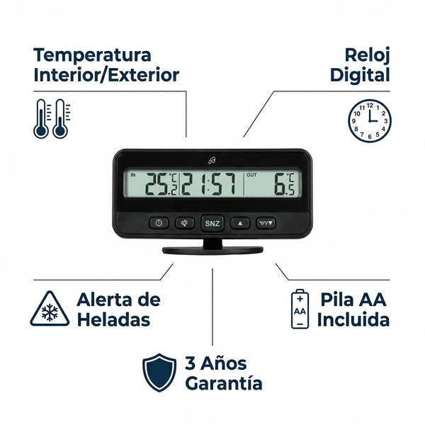 Termómetro Digital para Coche con Reloj y Alerta de Heladas | Auriol