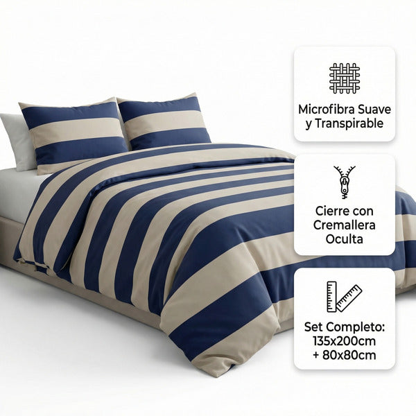 Ropa de Cama Microfibra Rayas Azul y Beige Novitesse