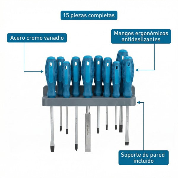 Set de Destornilladores y Formones 15 Piezas con Soporte | Workzone