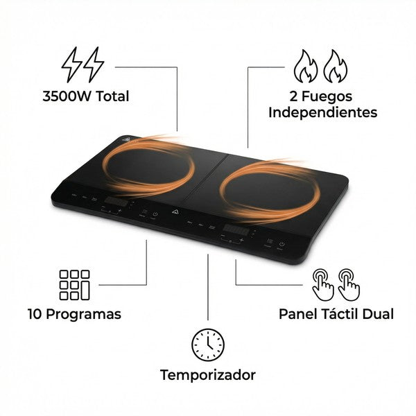 Placa de Inducción Doble 3500W - 2 Fuegos 10 Programas Panel Táctil | Ambiano