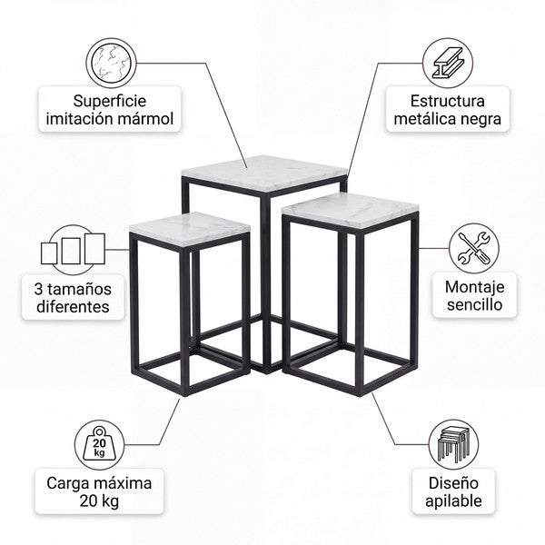 Set de 3 Pedestales Metálicos Efecto Mármol - Apilables | Home Creation