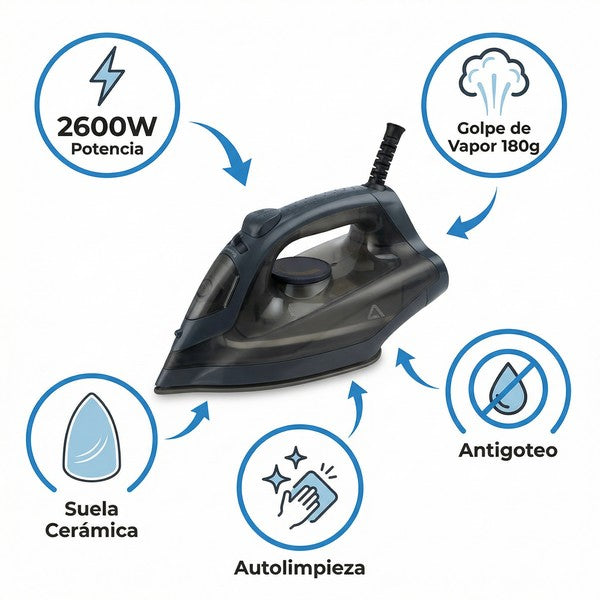Plancha de Vapor 2600W Suela Cerámica - Golpe Vapor 180g | Ambiano