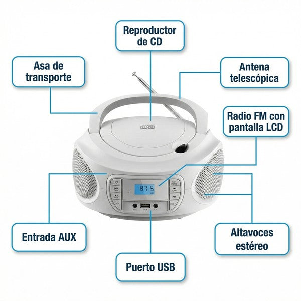 Radio CD Portátil Boombox Maginon CB-2 - FM + USB + AUX | Blanco