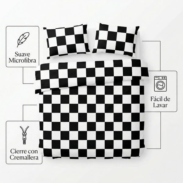 Ropa de Cama Microfibra Cuadros Blanco y Negro Novitesse