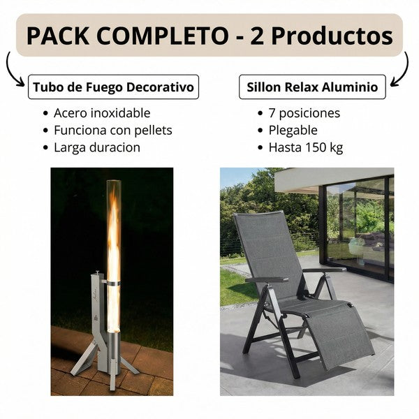 PACK TERRAZA: Tubo de Fuego Decorativo + Sillón Relax Aluminio 7 Posiciones | Belavi