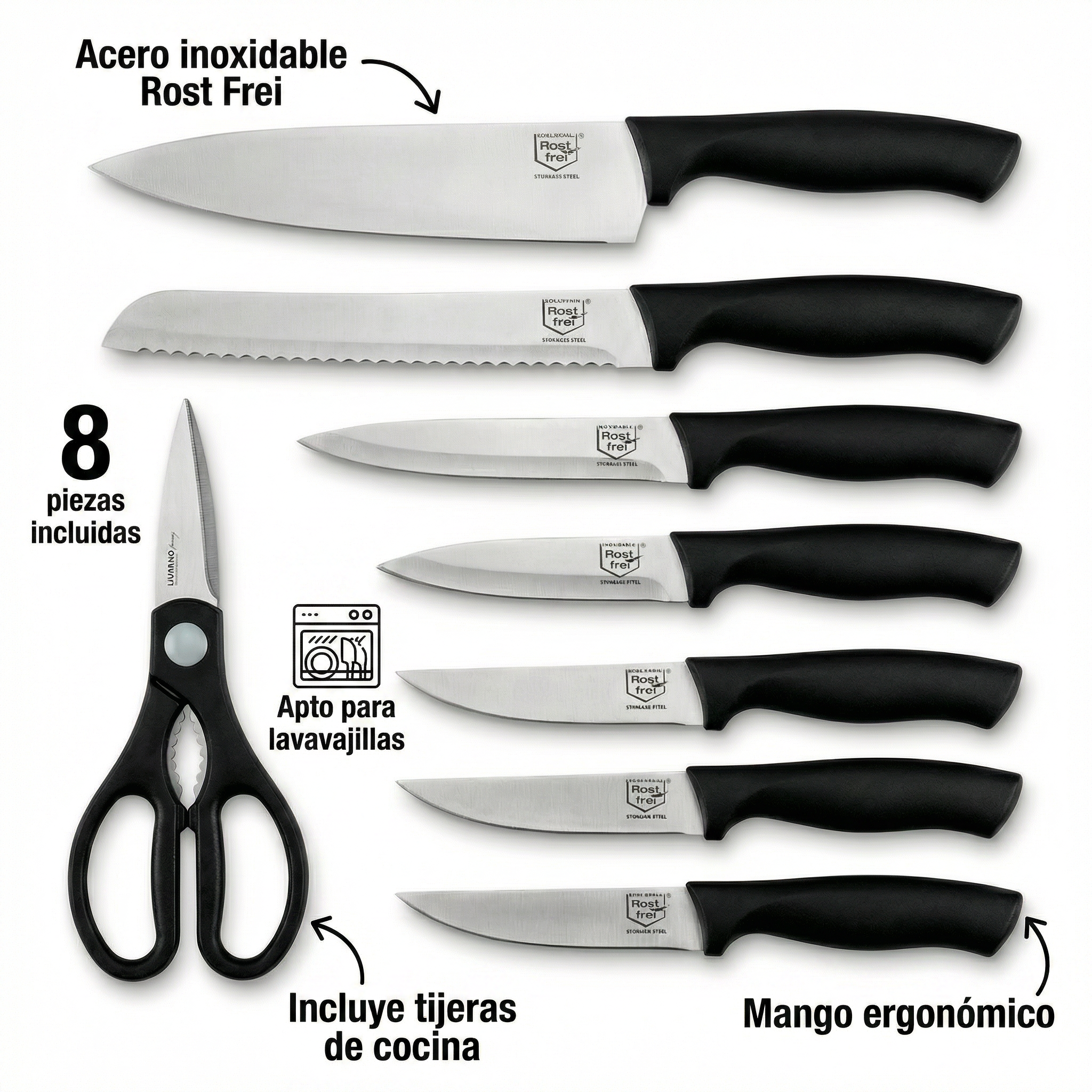 Set de Cuchillos Livarno Home Basic 8 Piezas - Acero Inoxidable Rost Frei