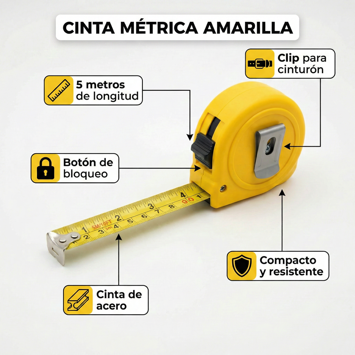 Flexómetro Cinta Métrica 5 Metros - Con Clip para Cinturón