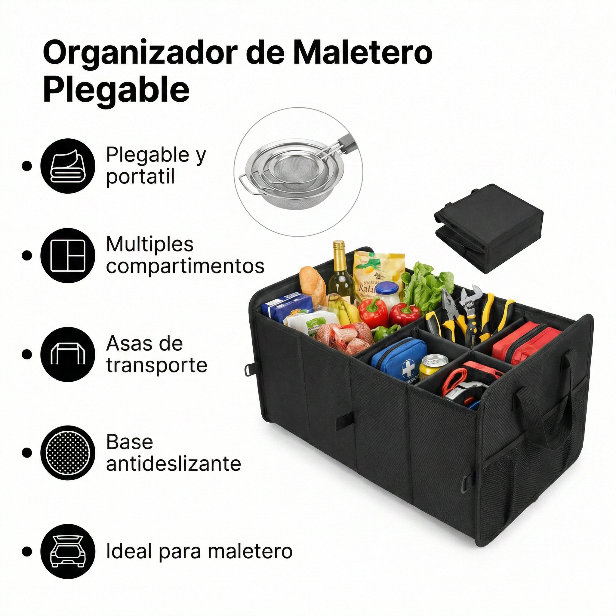 Organizador de Maletero Plegable Negro - Múltiples Compartimentos