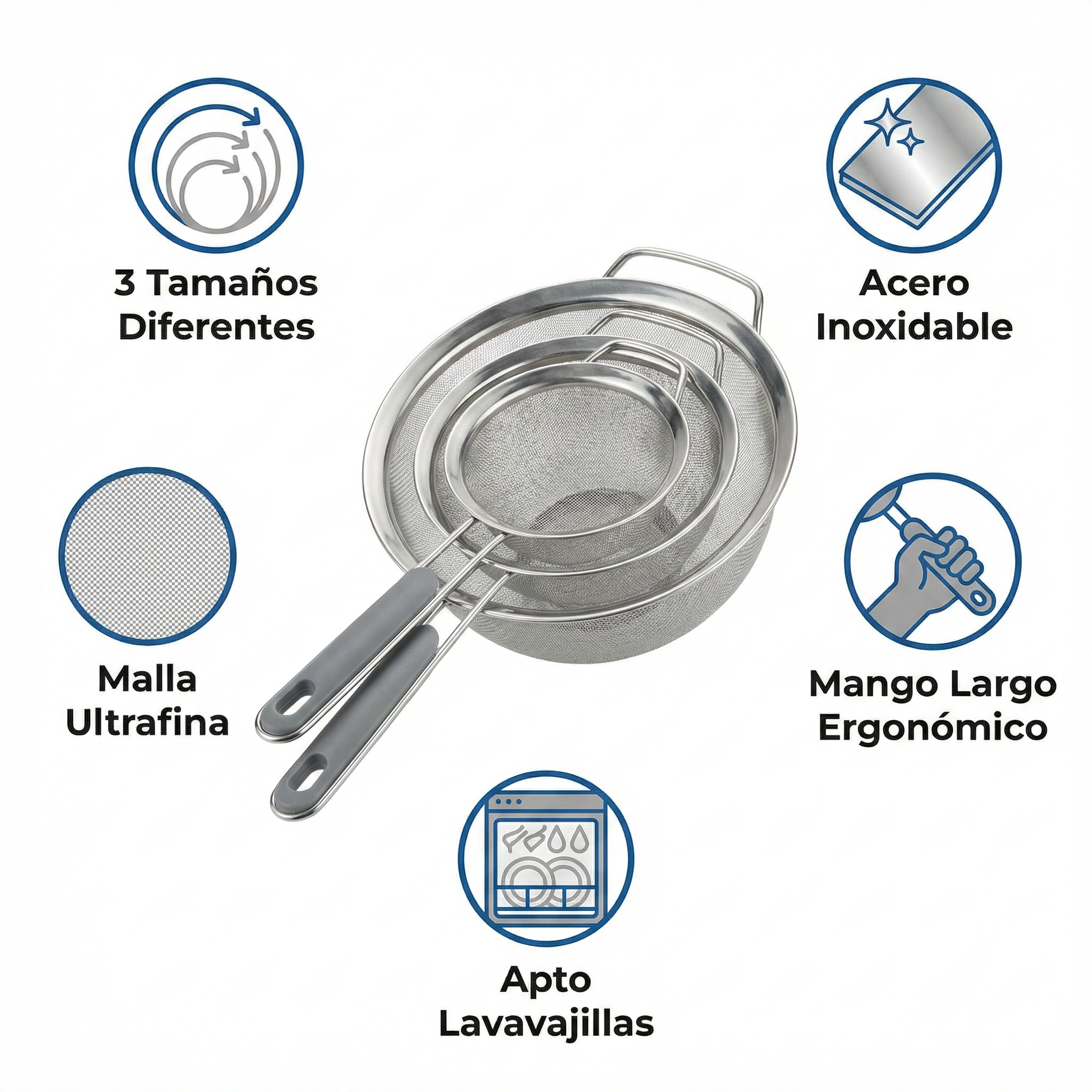 Set 3 Coladores de Malla Fina - Acero Inoxidable