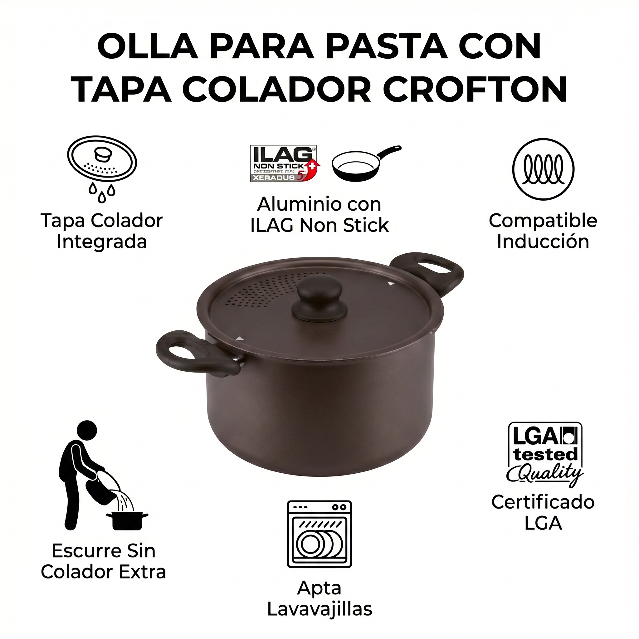 Olla para Pasta Crofton con Tapa Colador - Aluminio ILAG