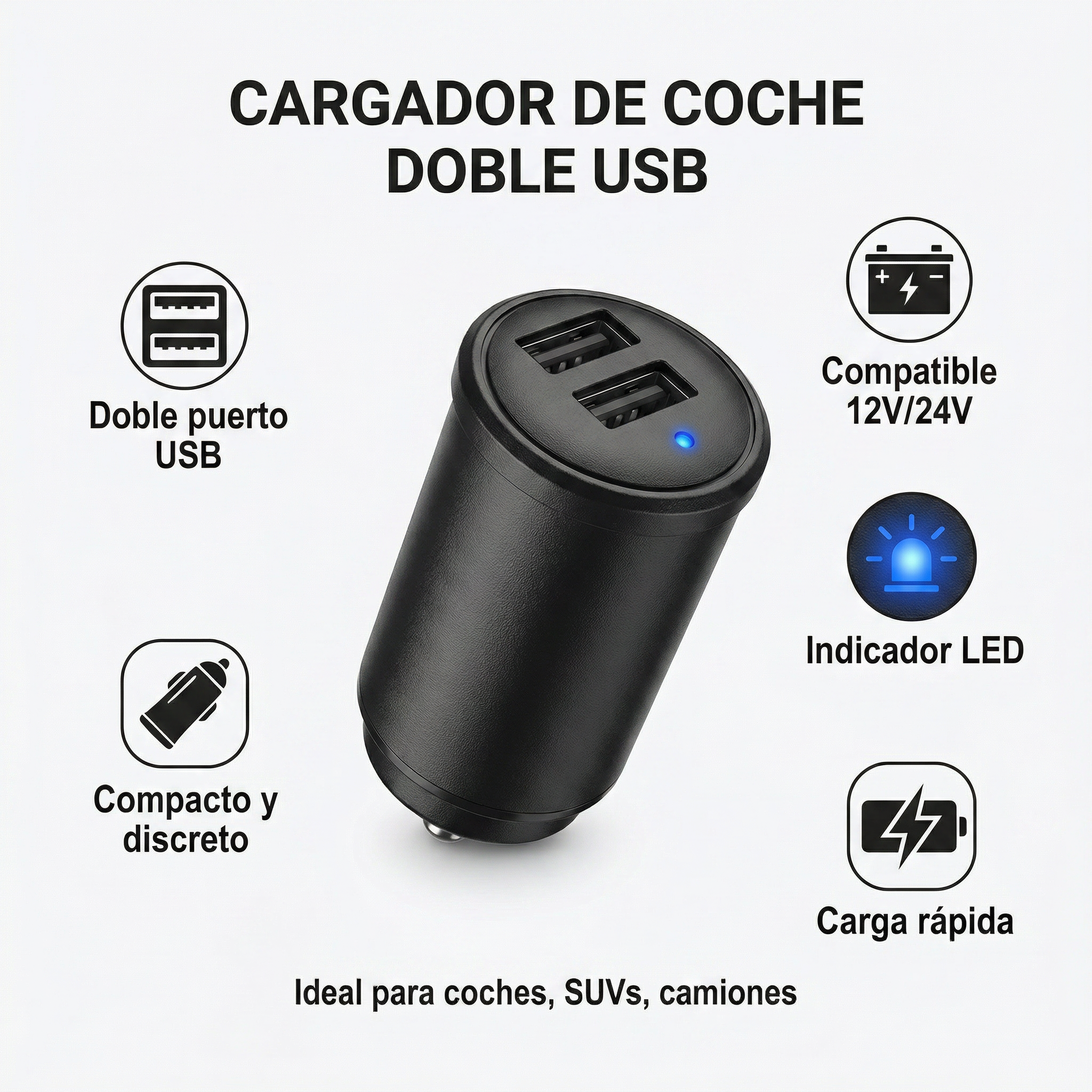 Cargador de Coche Doble USB SilverCrest - Compacto con LED