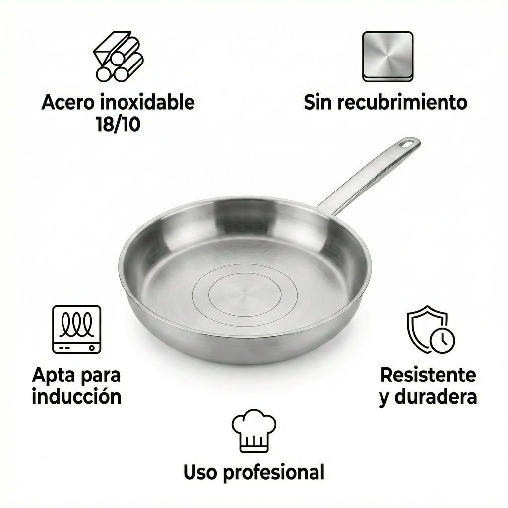 Sartén de Acero Inoxidable 18/10 - Sin Recubrimiento Uso Profesional
