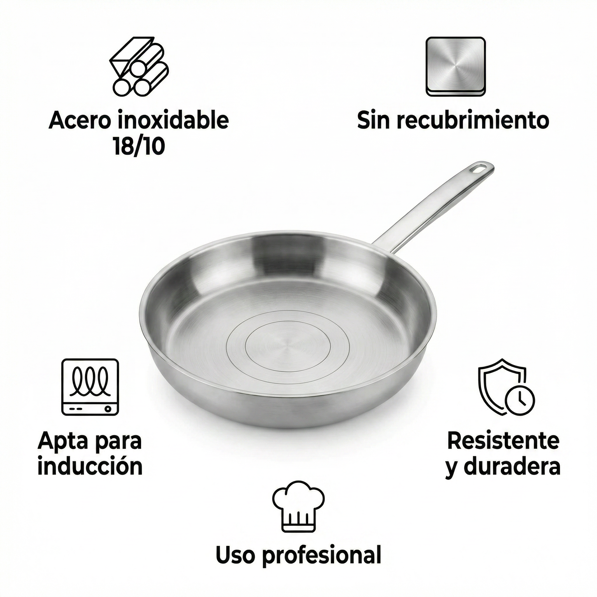 Sartén de Acero Inoxidable 18/10 - Sin Recubrimiento Uso Profesional