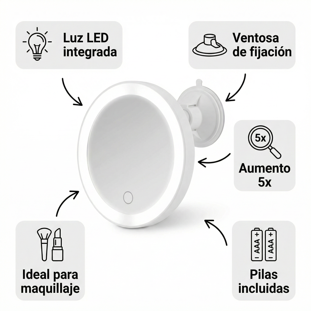 Espejo Cosmético LED Ambiano - Con Ventosa y Aumento