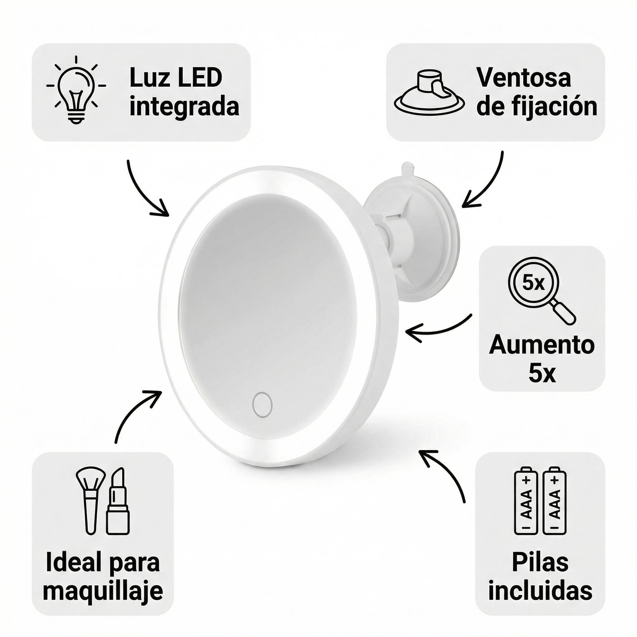 Espejo Cosmético LED Ambiano - Con Ventosa y Aumento