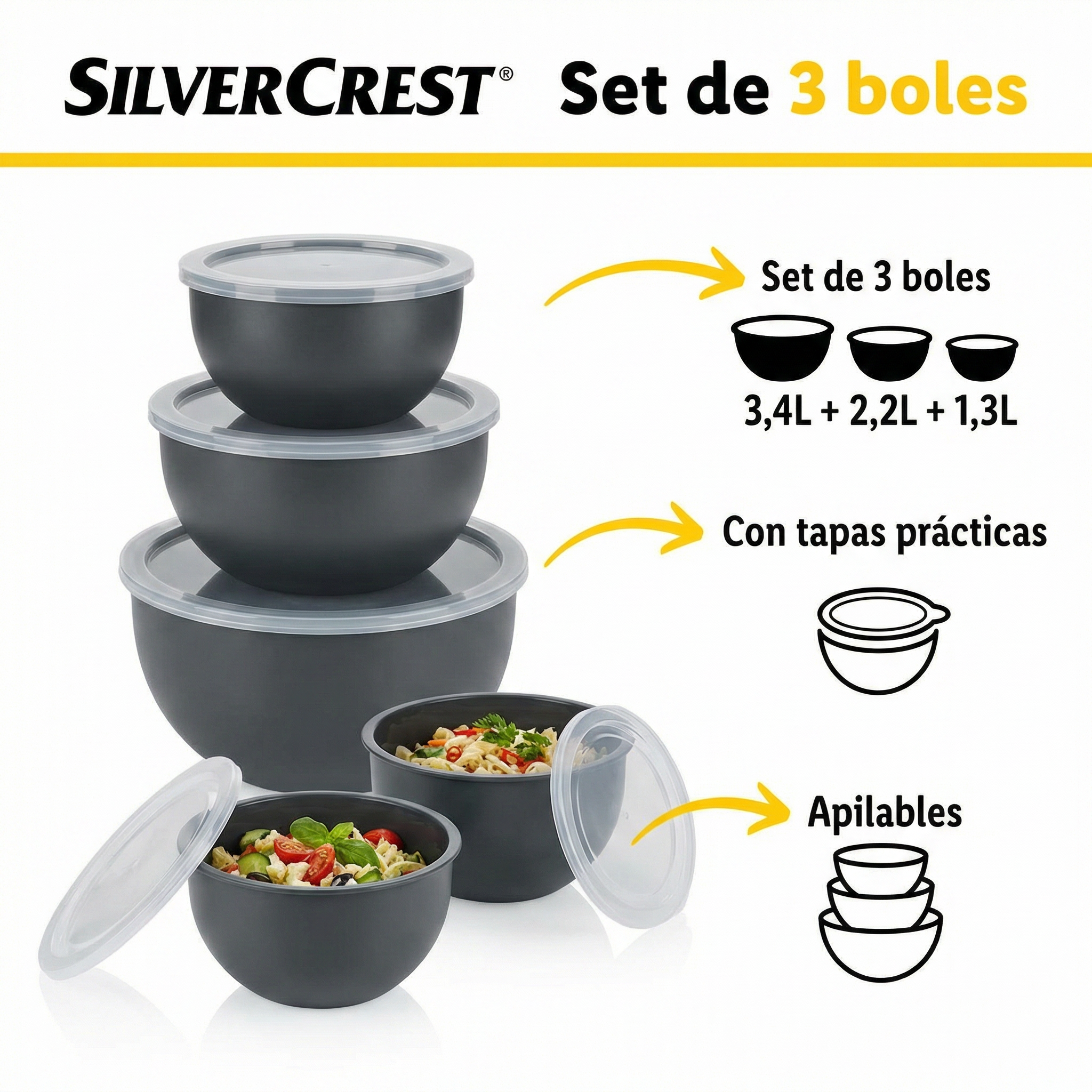Set 3 Boles con Tapa SilverCrest - Gris Antracita (3,4L + 2,2L + 1,3L)