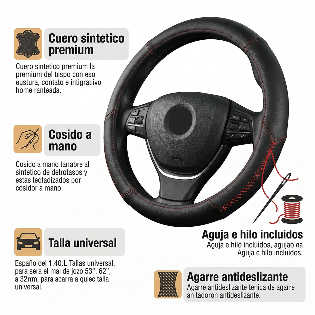 Funda de Volante Cuero Sintético Negro - Cosido a Mano Universal
