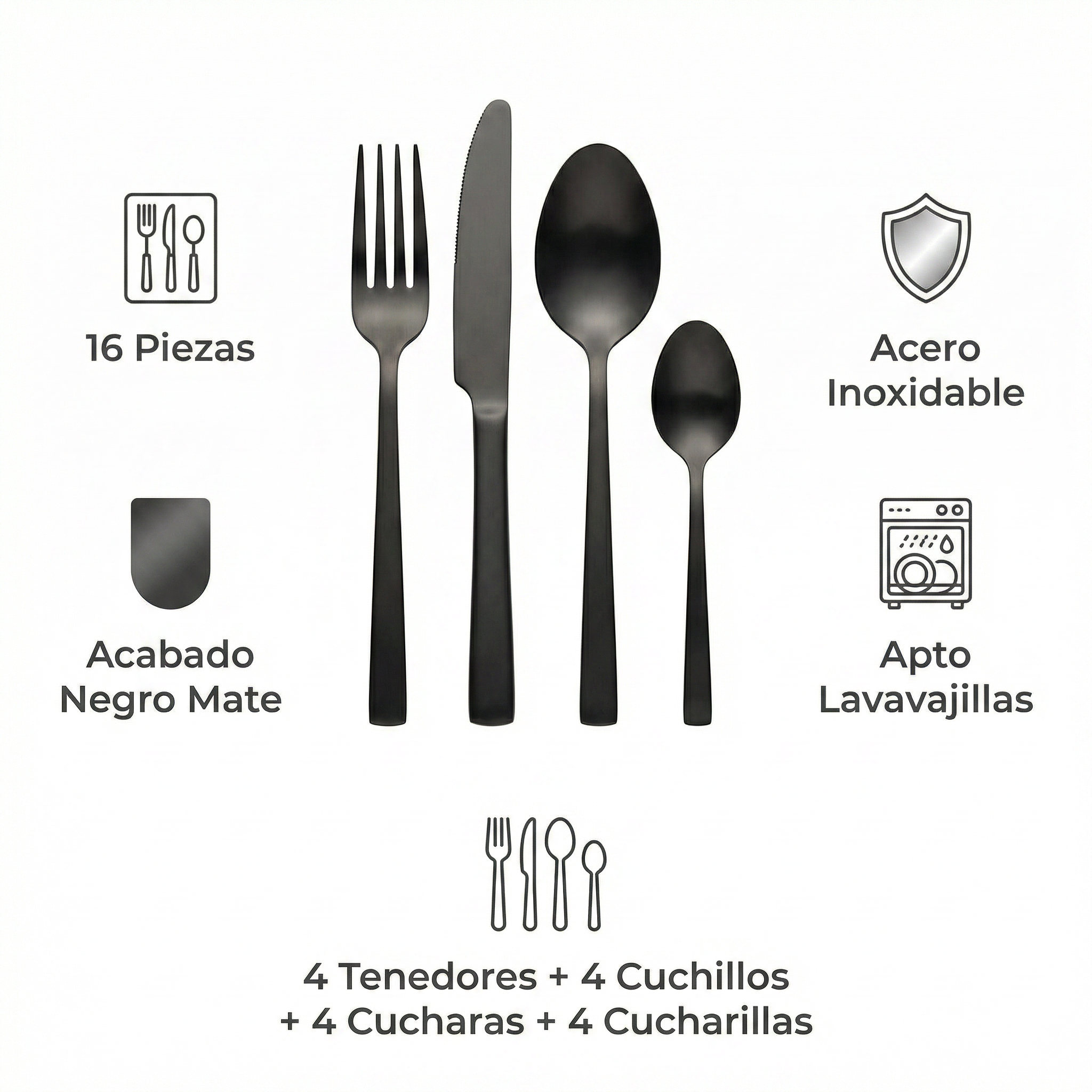 Cubertería Especial Crofton 16 Piezas - Negro Mate