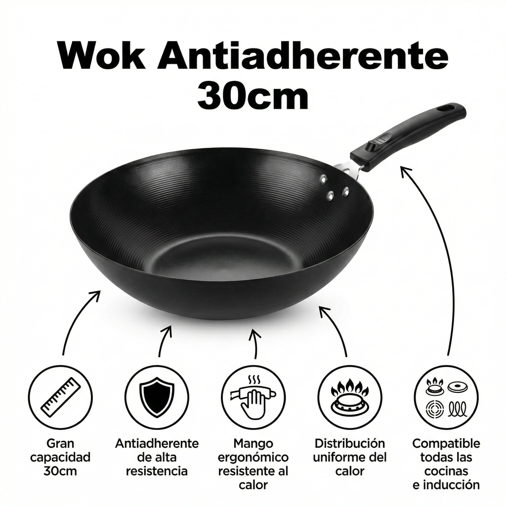 Wok Antiadherente 30cm - Gran Capacidad Compatible Inducción