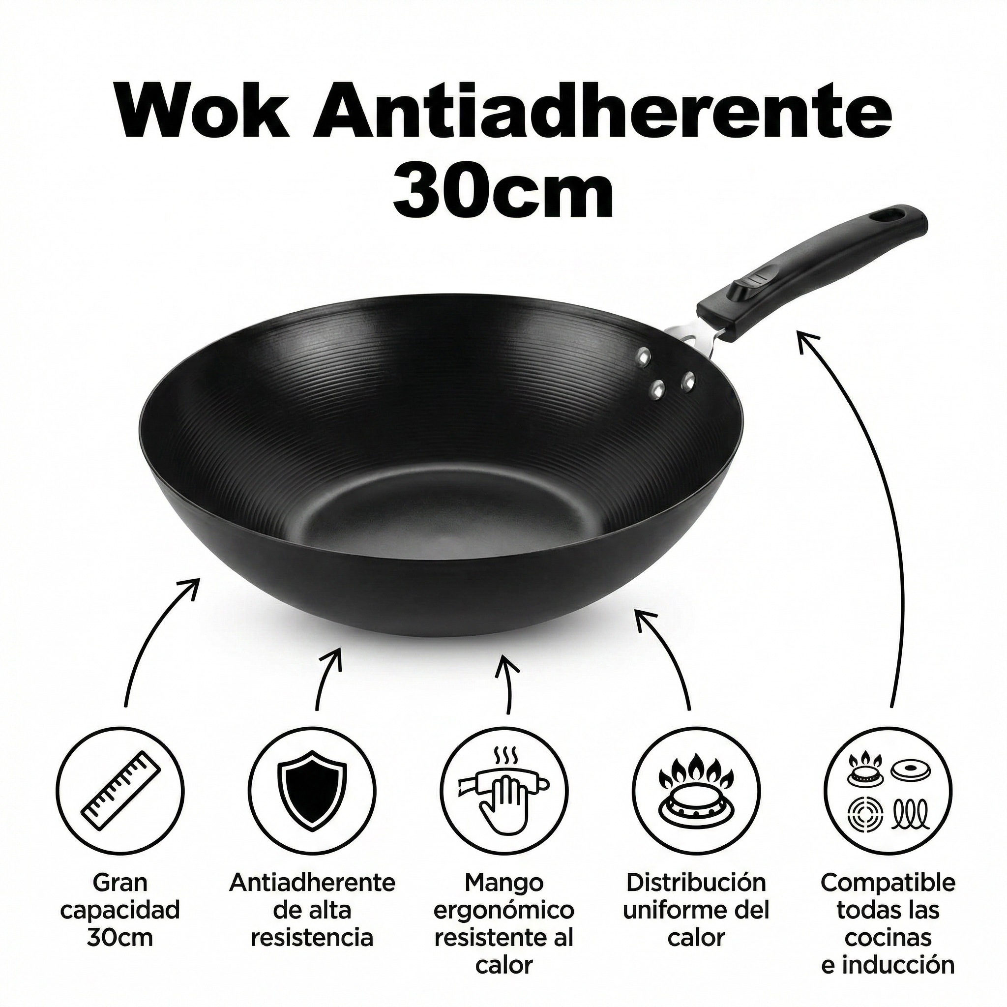 Wok Antiadherente 30cm - Gran Capacidad Compatible Inducción