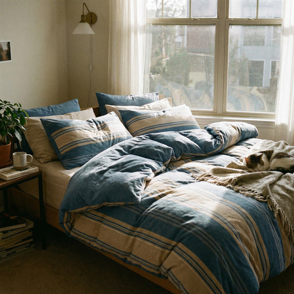 Ropa de Cama Microfibra Rayas Azul y Beige Novitesse