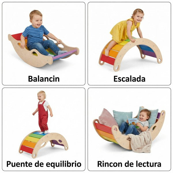 Tabla de Equilibrio Arcoíris Premium 4 en 1 - Madera Montessori | Playtive
