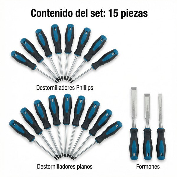 Set de Destornilladores y Formones 15 Piezas con Soporte | Workzone