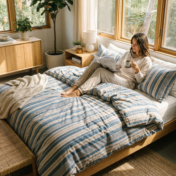 Ropa de Cama Microfibra Rayas Azul y Beige Novitesse