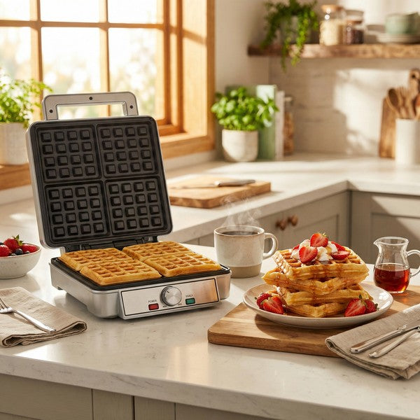 Gofrera XL para 4 Gofres Belgas - 1200W Placas ILAG Non-Stick | Ambiano
