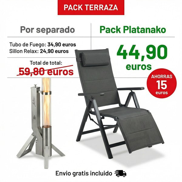 PACK TERRAZA: Tubo de Fuego Decorativo + Sillón Relax Aluminio 7 Posiciones | Belavi