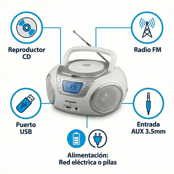 Radio CD Portátil Boombox Maginon CB-2 - FM + USB + AUX | Blanco
