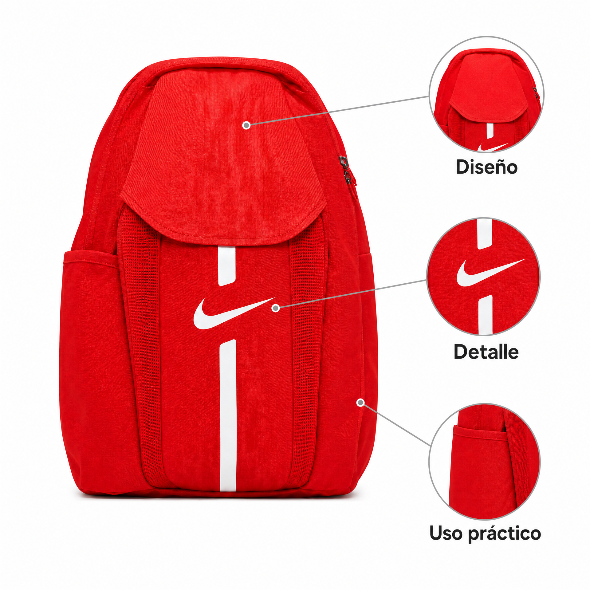 Mochila deportiva Nike roja con logotipo visible y compartimento principal