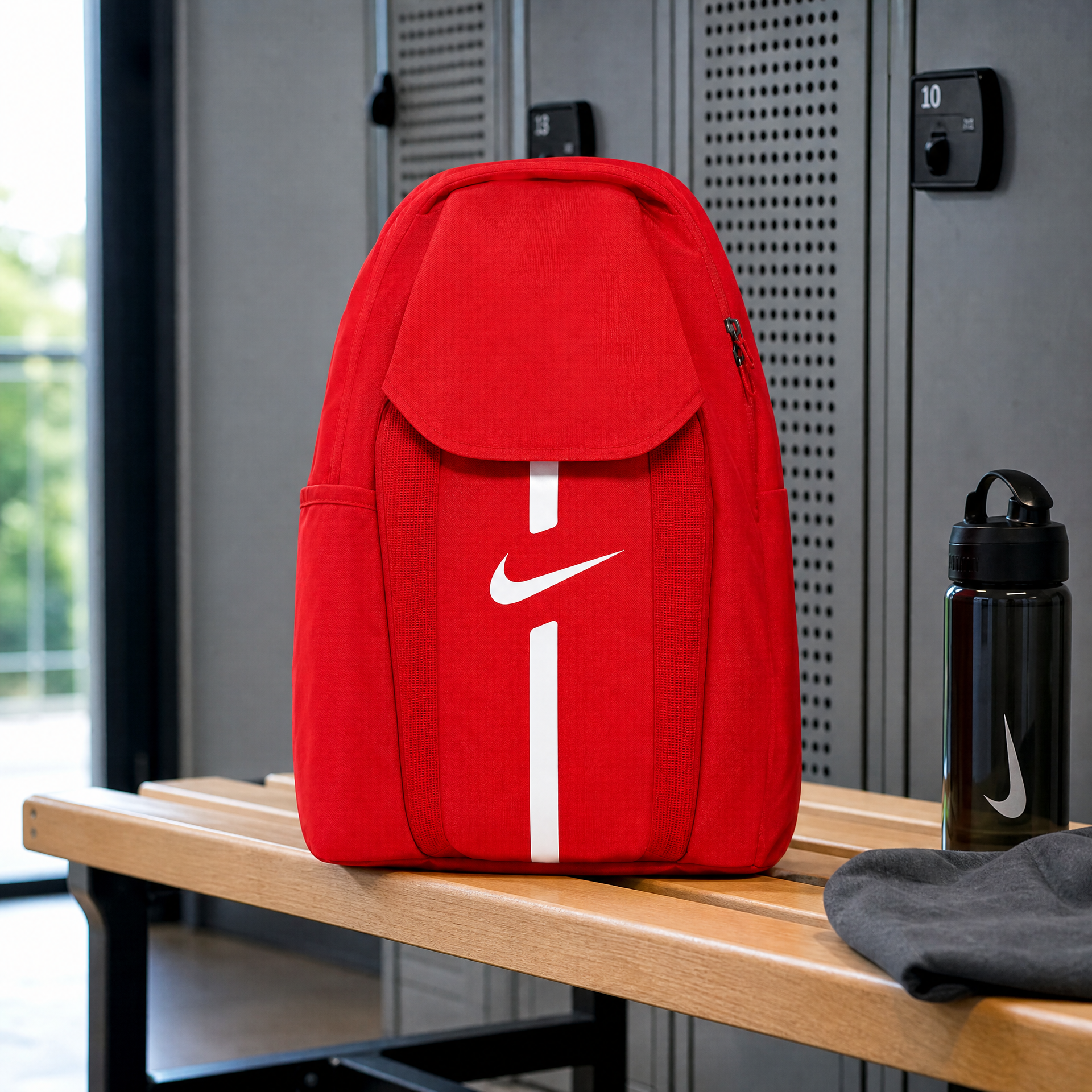 Mochila deportiva Nike roja con logotipo visible y compartimento principal