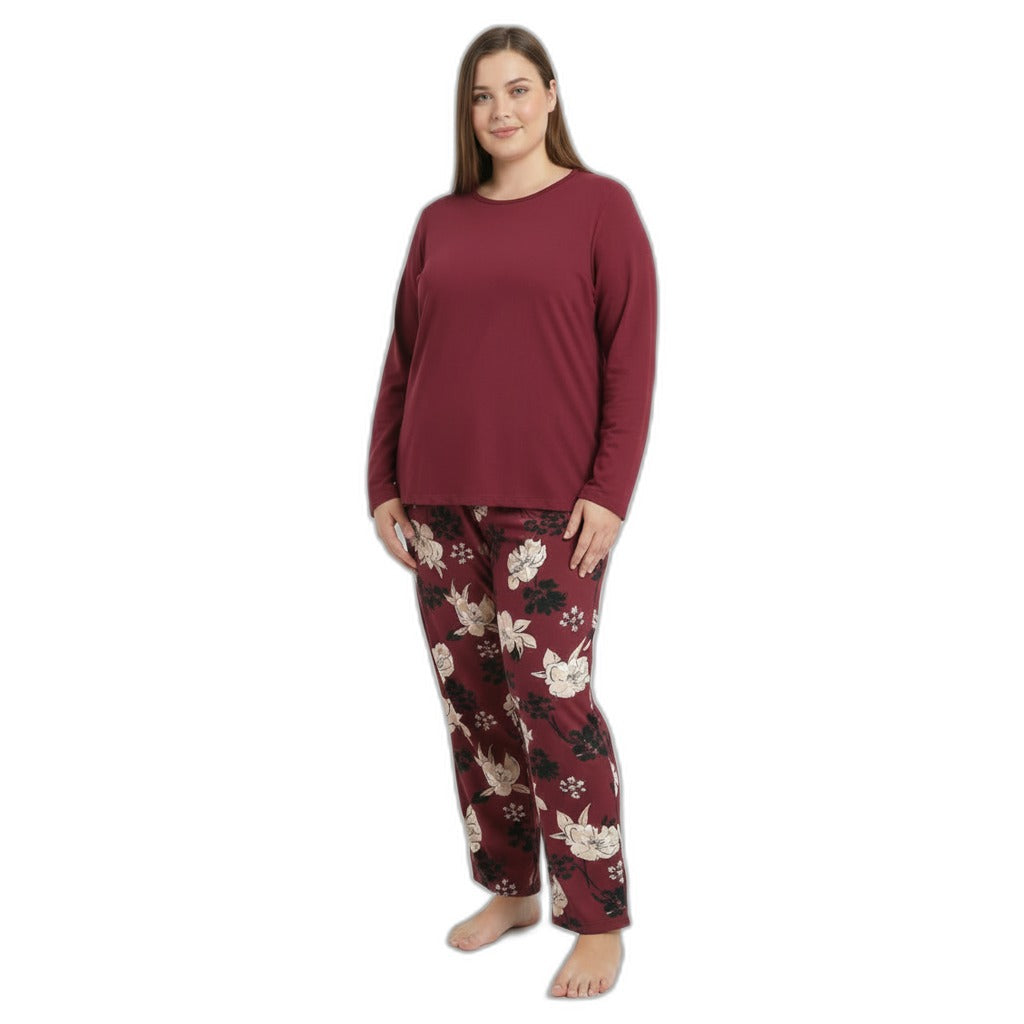 UP2 FASHION Pijama de mujer Plus Size burdeos con estampado floral