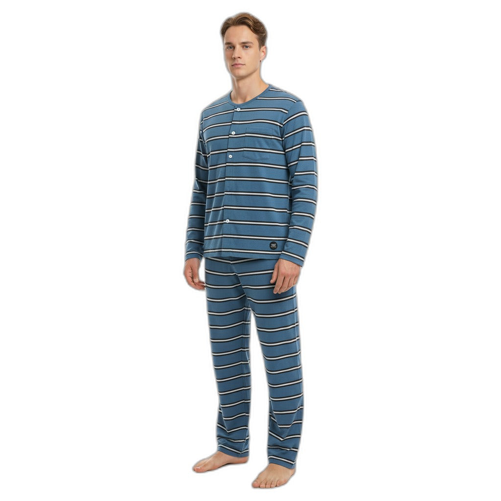 Pijama de Hombre Largo con Botones Rayas Azules y Negras | UP2 FASHION