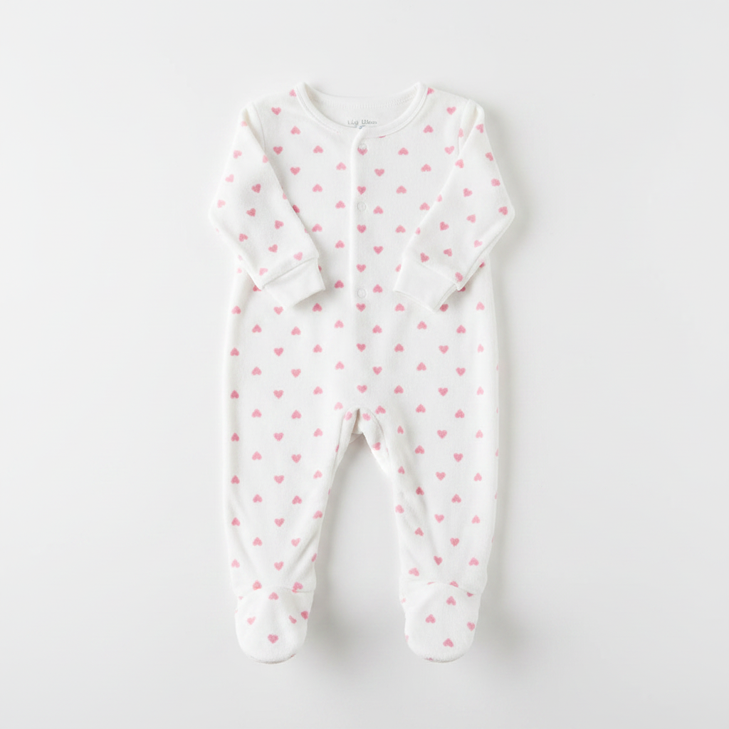 Lily & Dan Pijama de bebé de velour blanco con corazones rosas