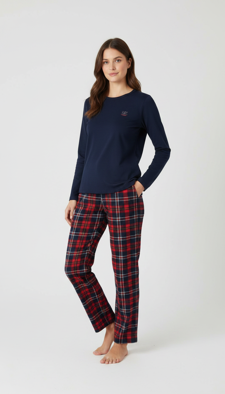 UP2 FASHION Pijama de mujer a cuadros azul marino y rojo