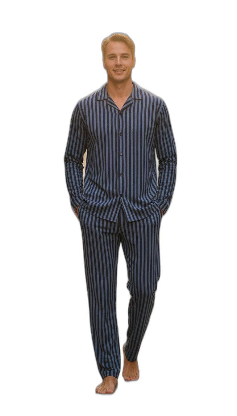 Pijama de Hombre Largo con Botones Rayas Azules y Negras | UP2 FASHION