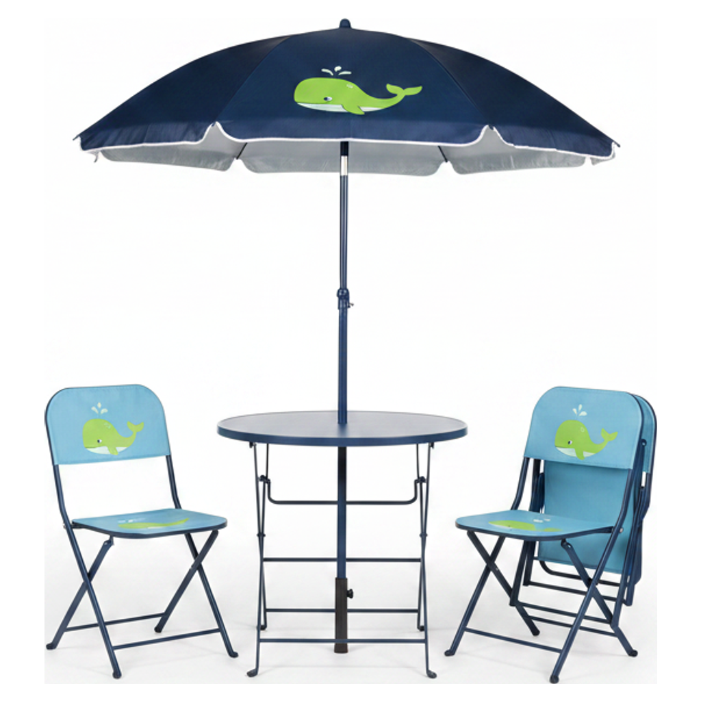 LIVARNO home Set de Muebles de Jardín Infantil azul con ballena, mesa 50x48cm, sillas 37x50x40cm, sombrilla 1x1.20m