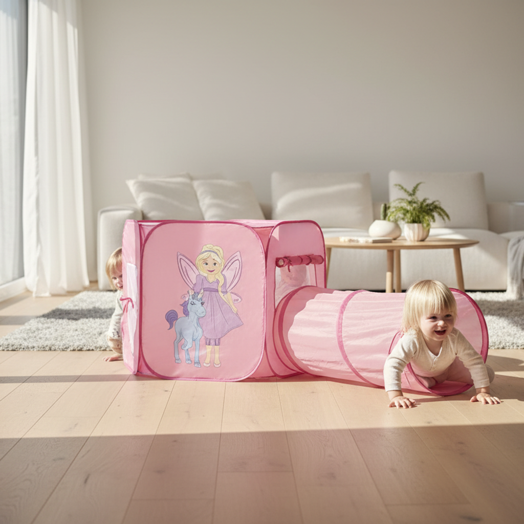 Playtive Tienda de Juego con Túnel, 280x80x100cm, rosa