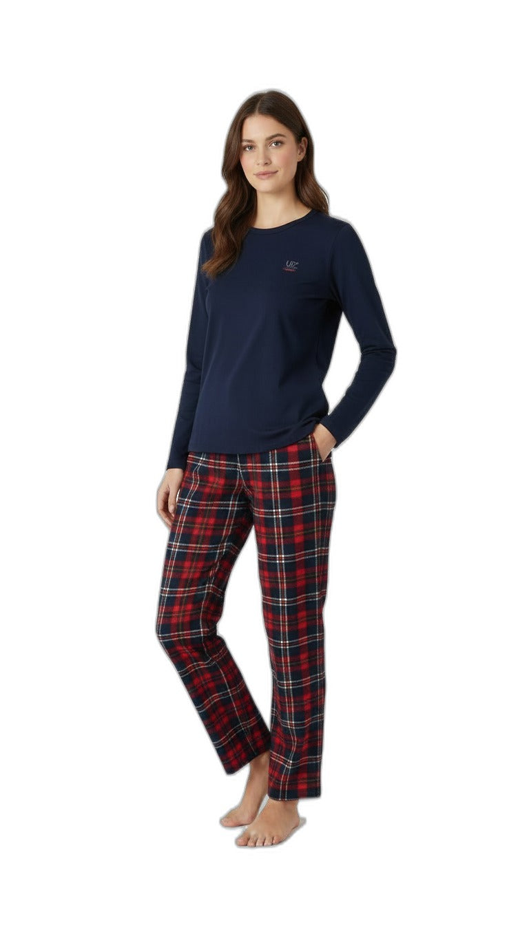 UP2 FASHION Pijama de mujer a cuadros azul marino y rojo
