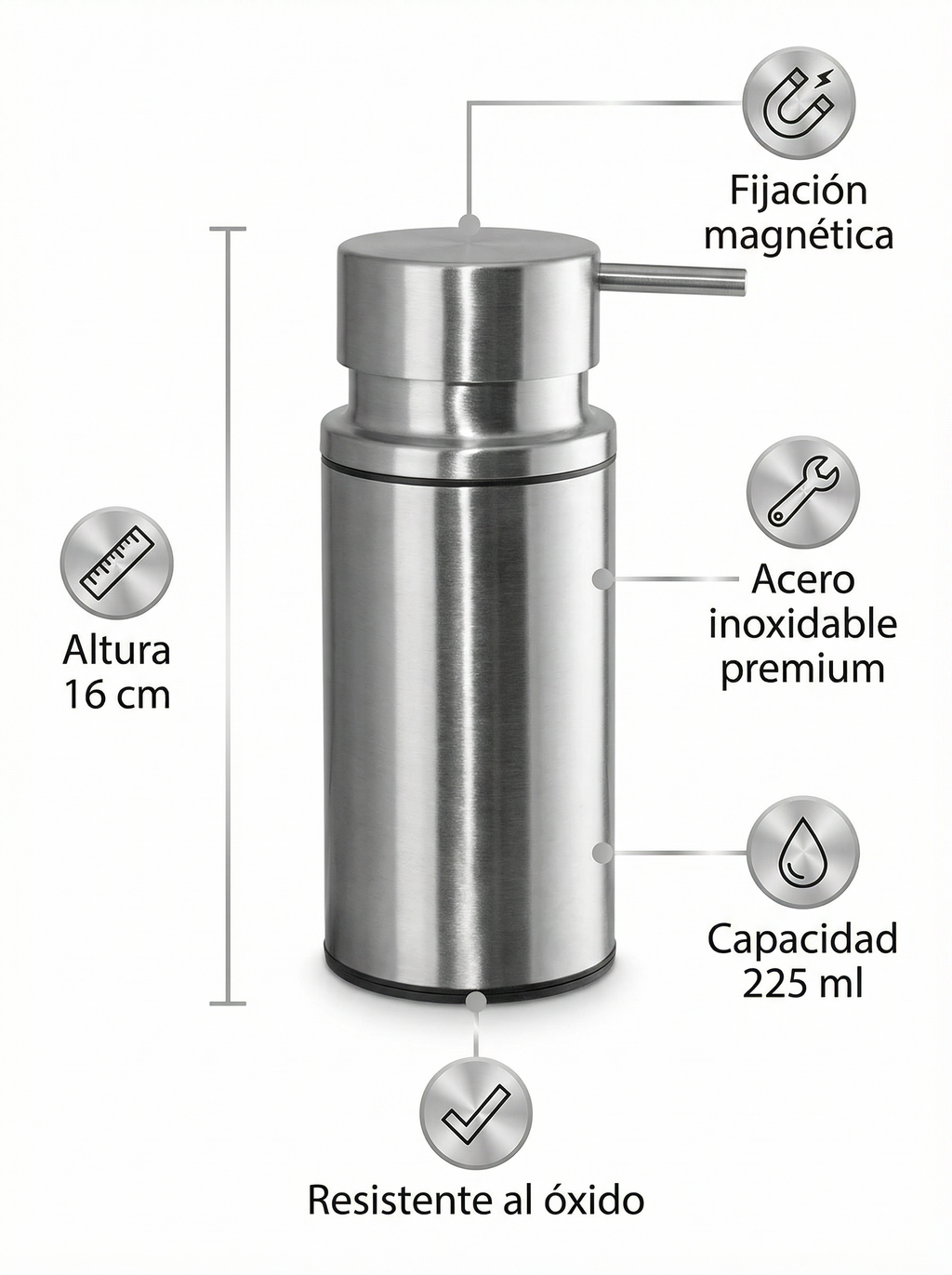 Dispensador de Jabón Magnético Acero Inoxidable 225ml - Home Creation