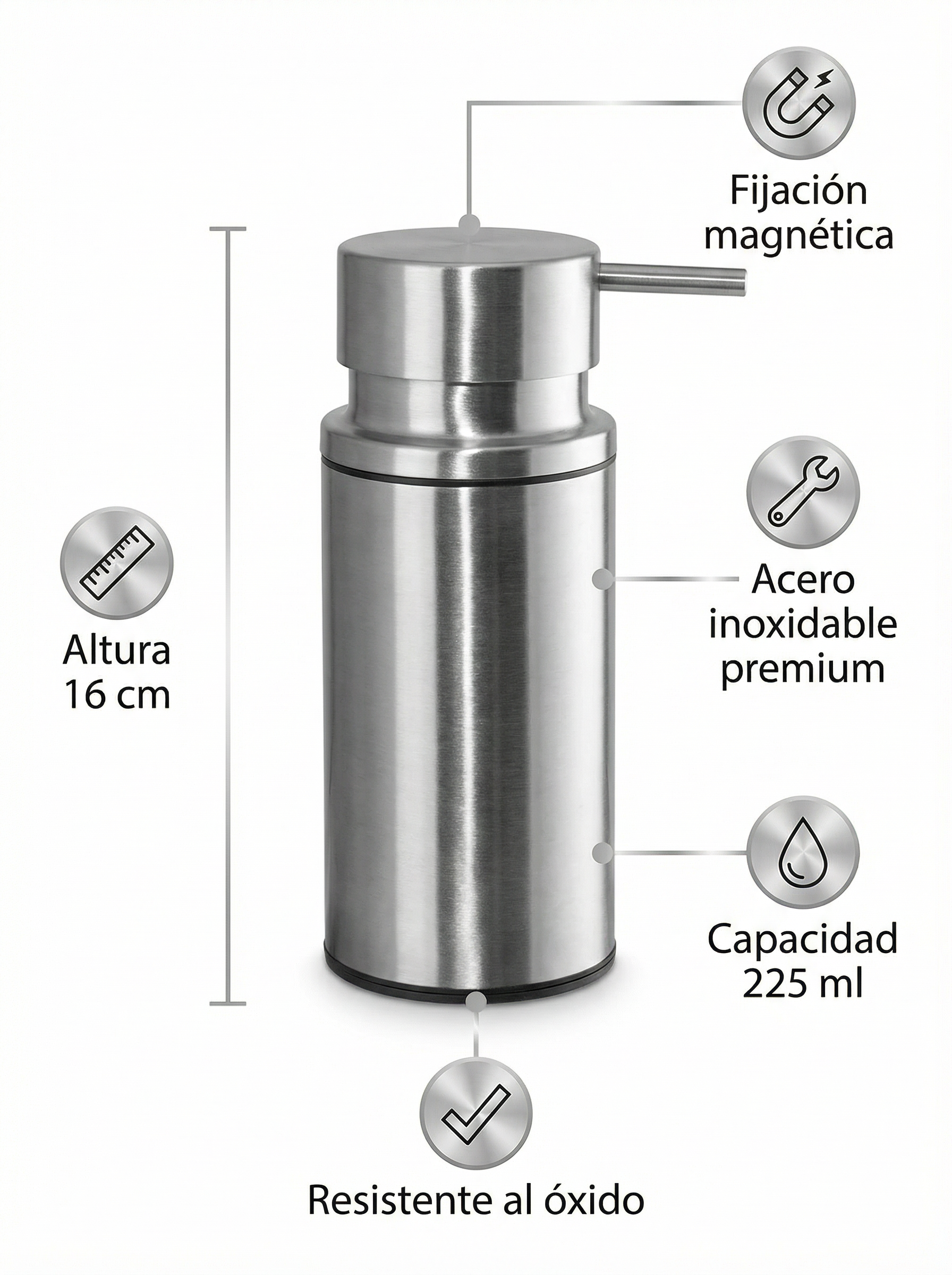 Dispensador de Jabón Magnético Acero Inoxidable 225ml - Home Creation