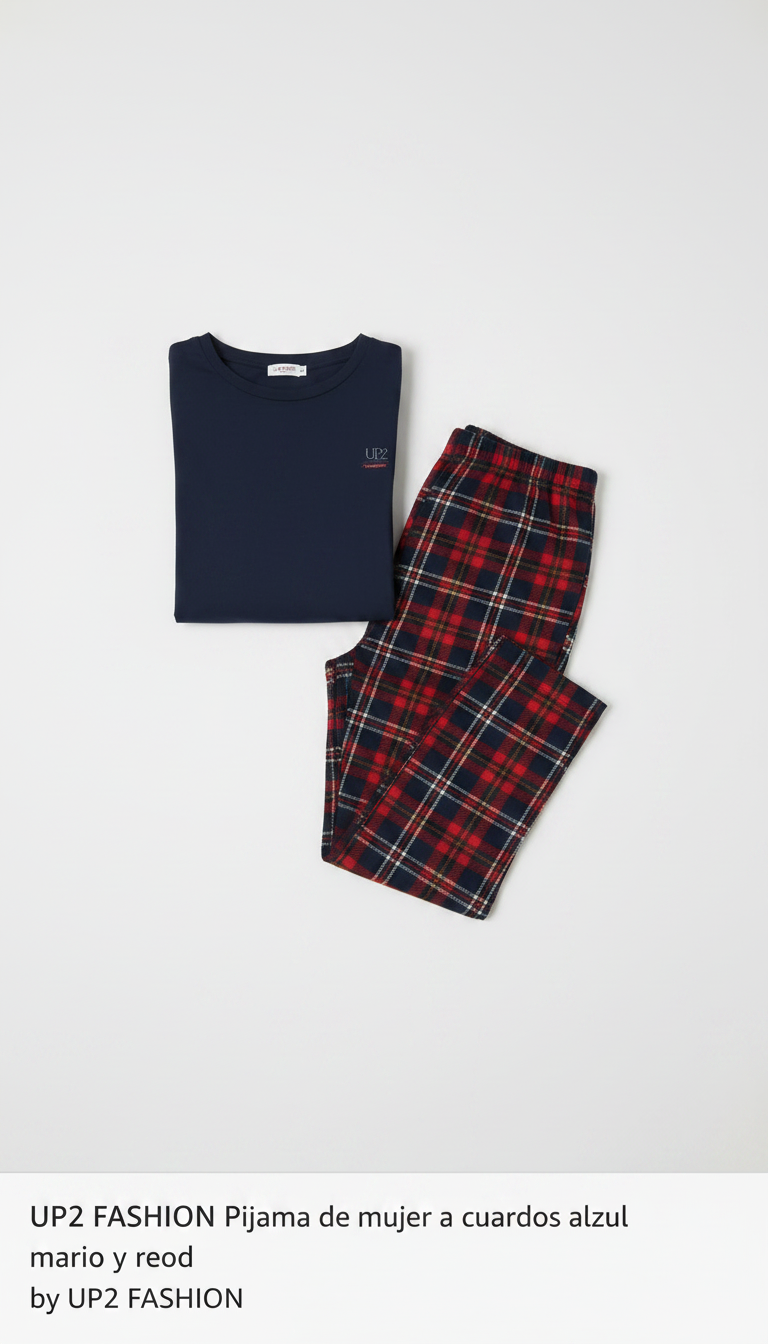 UP2 FASHION Pijama de mujer a cuadros azul marino y rojo