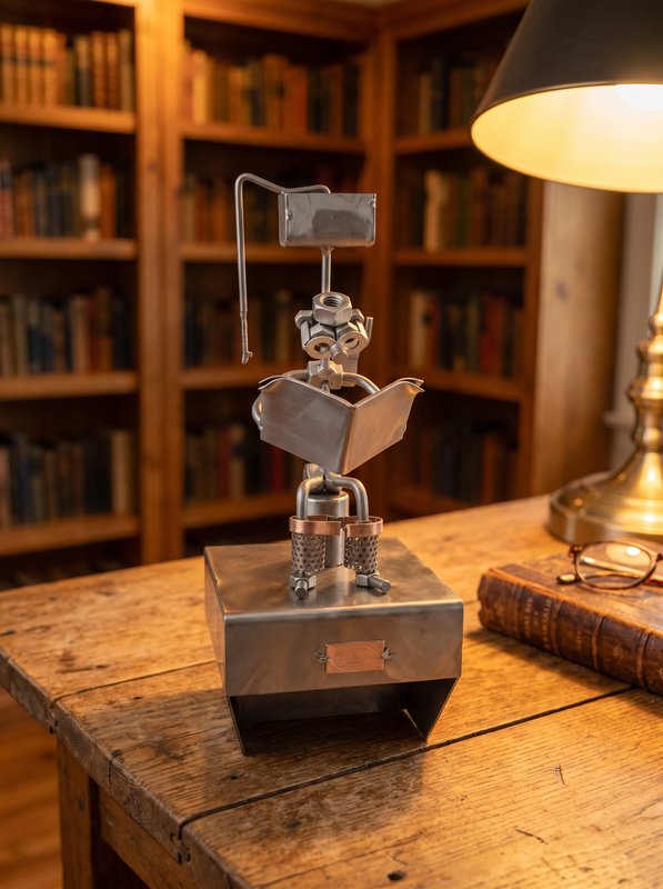 Figura Artesanal de Metal — Lector en su Escritorio
