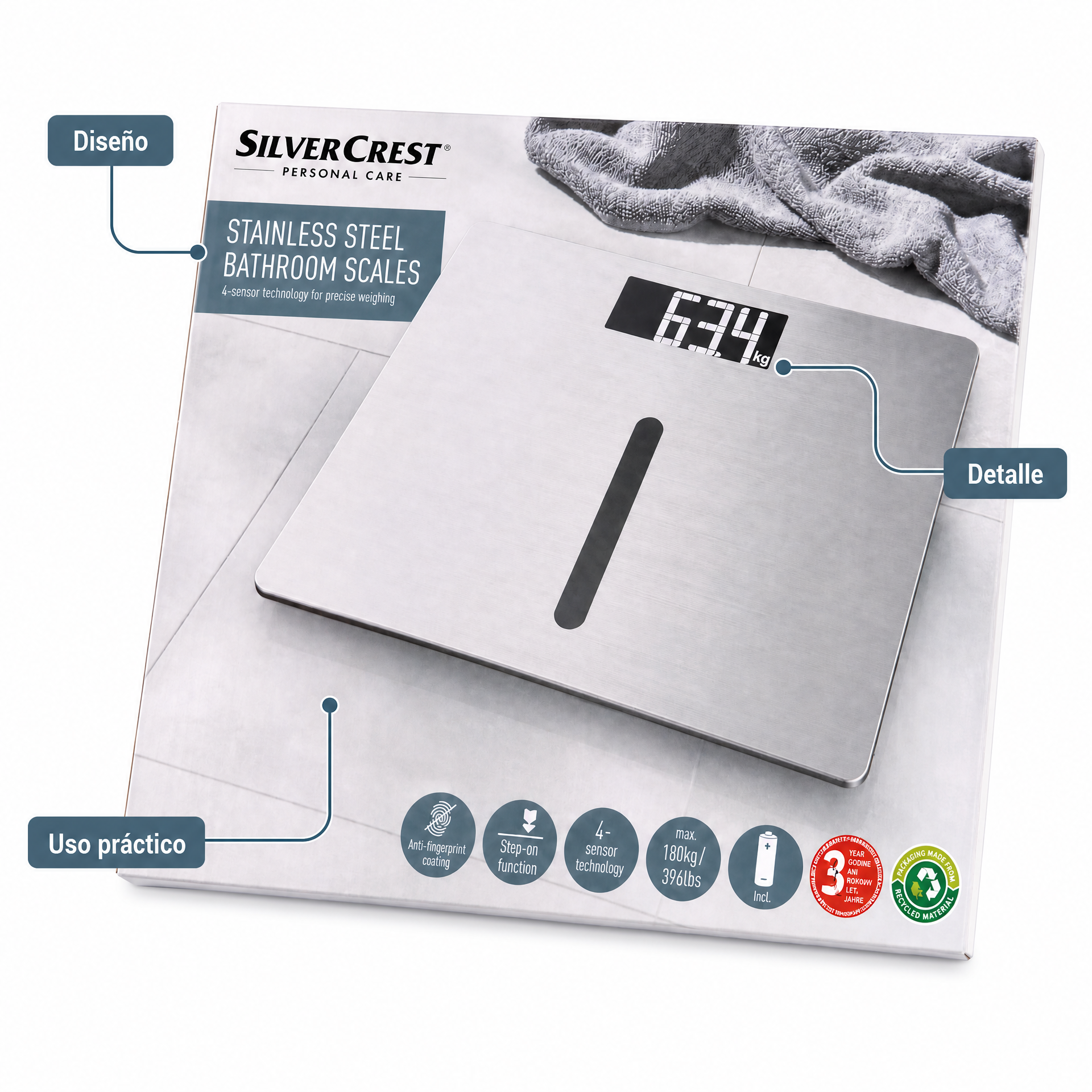 Silvercrest Báscula de baño de acero inoxidable compacta