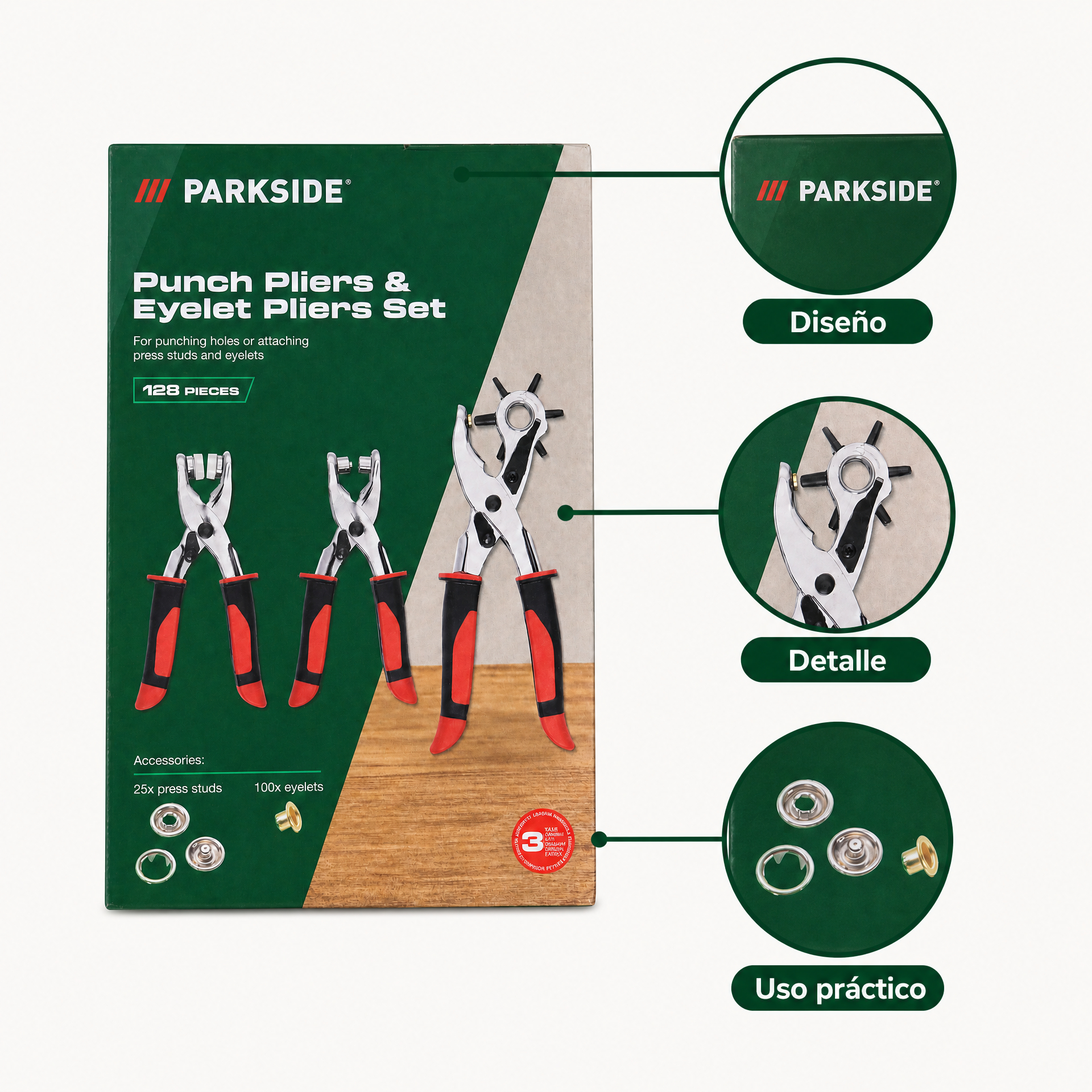 Parkside Juego de 3 alicates sacabocados, ojales y botones a presión