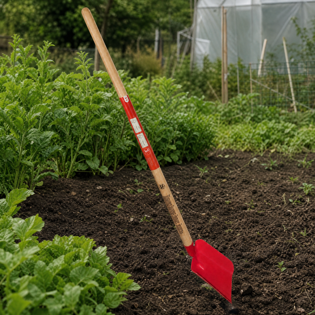 Azada de cabeza roja con mango largo para jardinería y huerto